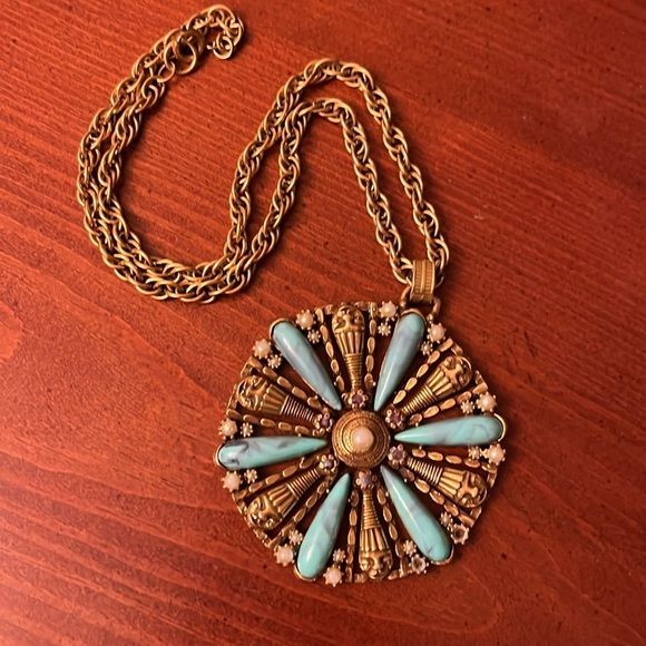 Vintage Clown Face Faux Turquoise Lucite Medallion Necklace - Picture 2 of 6